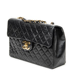 Shoulder Bag Maxi Jumbo XL Flap Black Quilted Lambskin Leather
