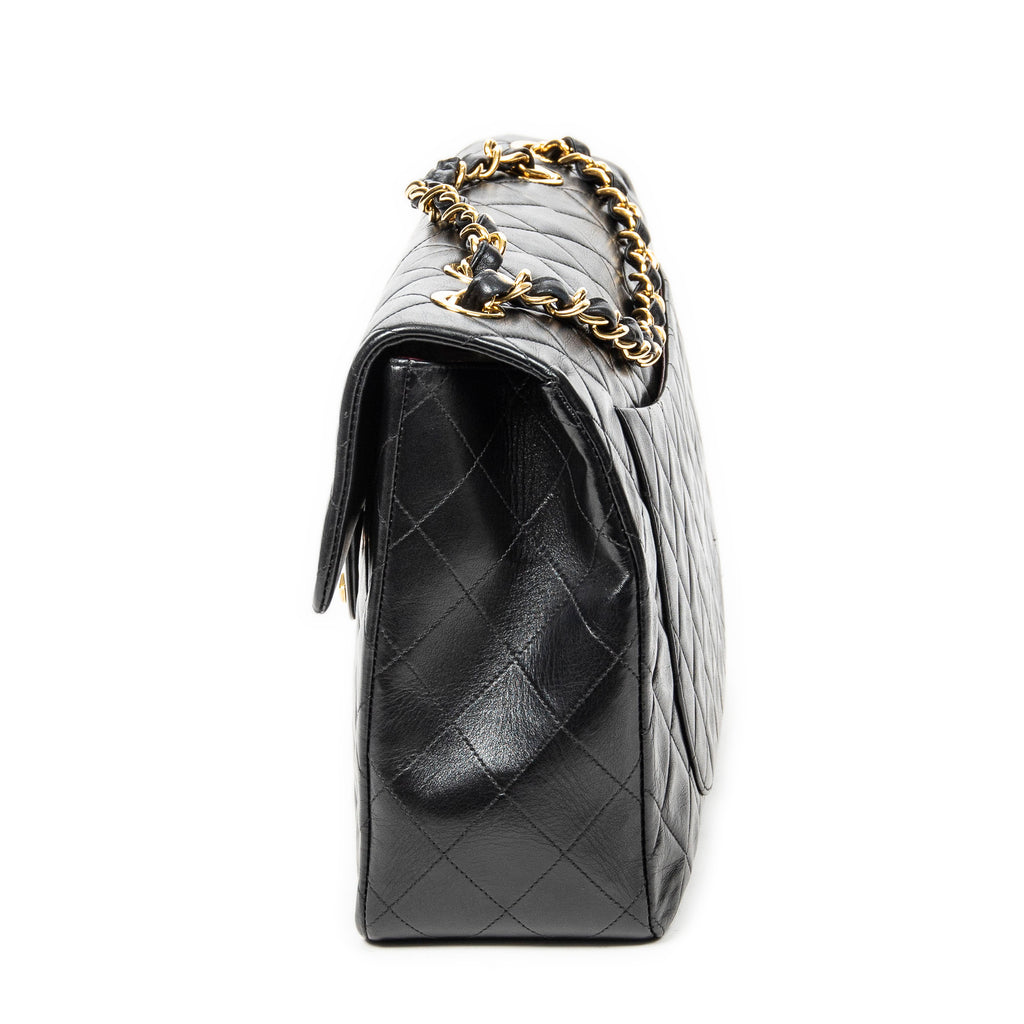 Shoulder Bag Maxi Jumbo XL Flap Black Quilted Lambskin Leather