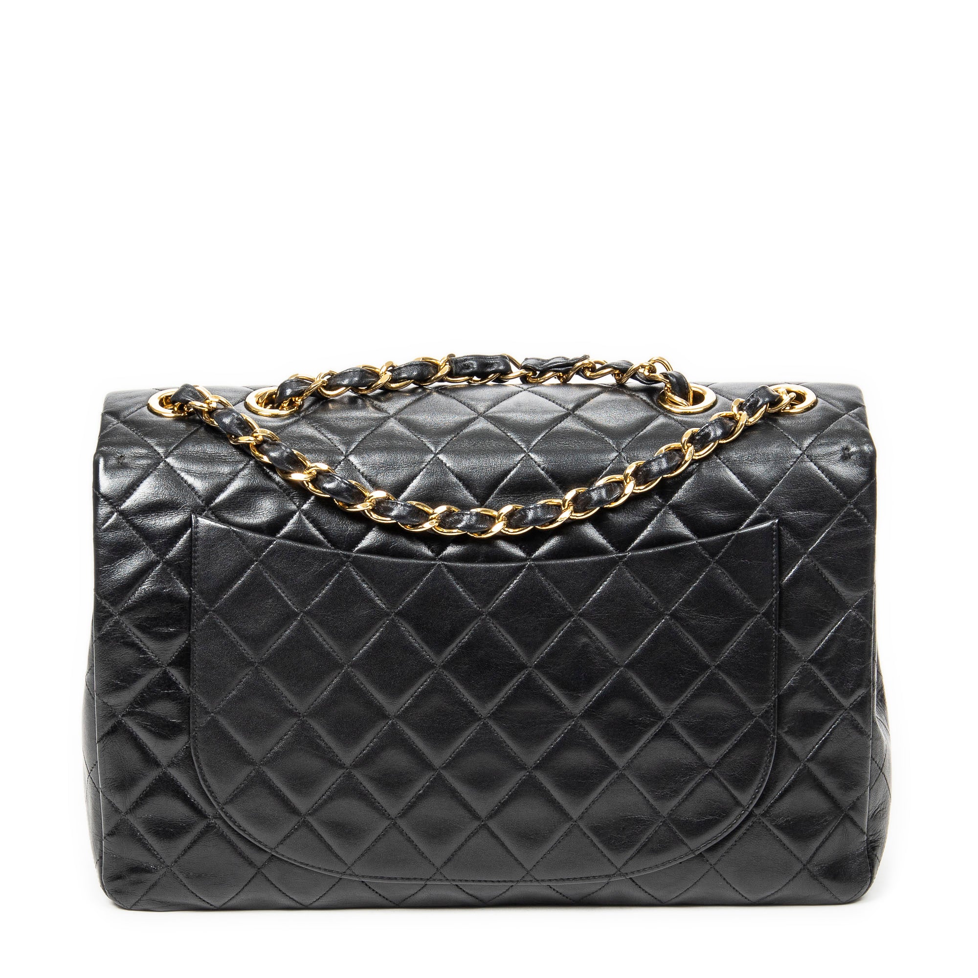 Shoulder Bag Maxi Jumbo XL Flap Black Quilted Lambskin Leather