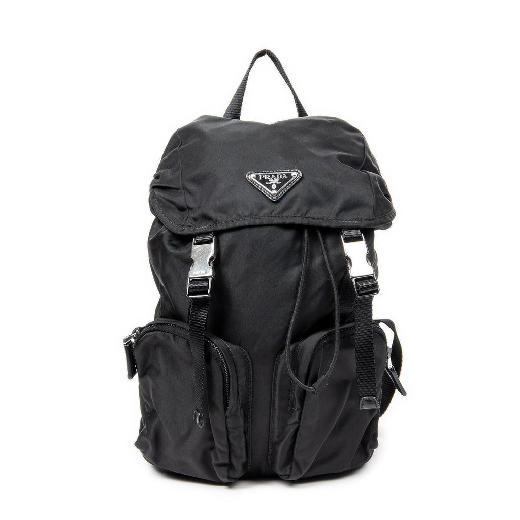 Backpack Small Drawstring Flap Backpack Black Nylon Canvas
