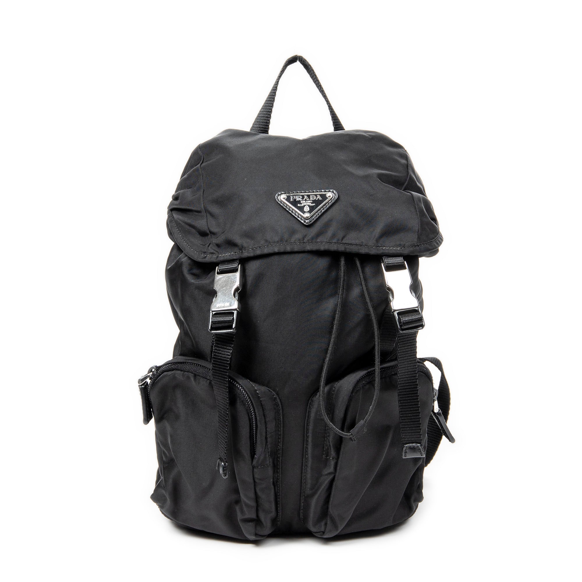 Backpack Small Drawstring Flap Backpack Black Nylon Canvas