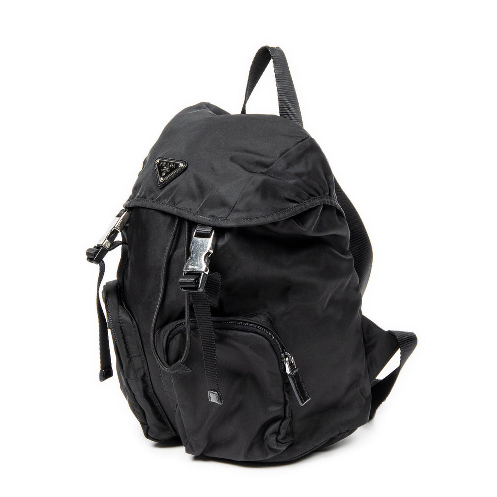 Backpack Small Drawstring Flap Backpack Black Nylon Canvas