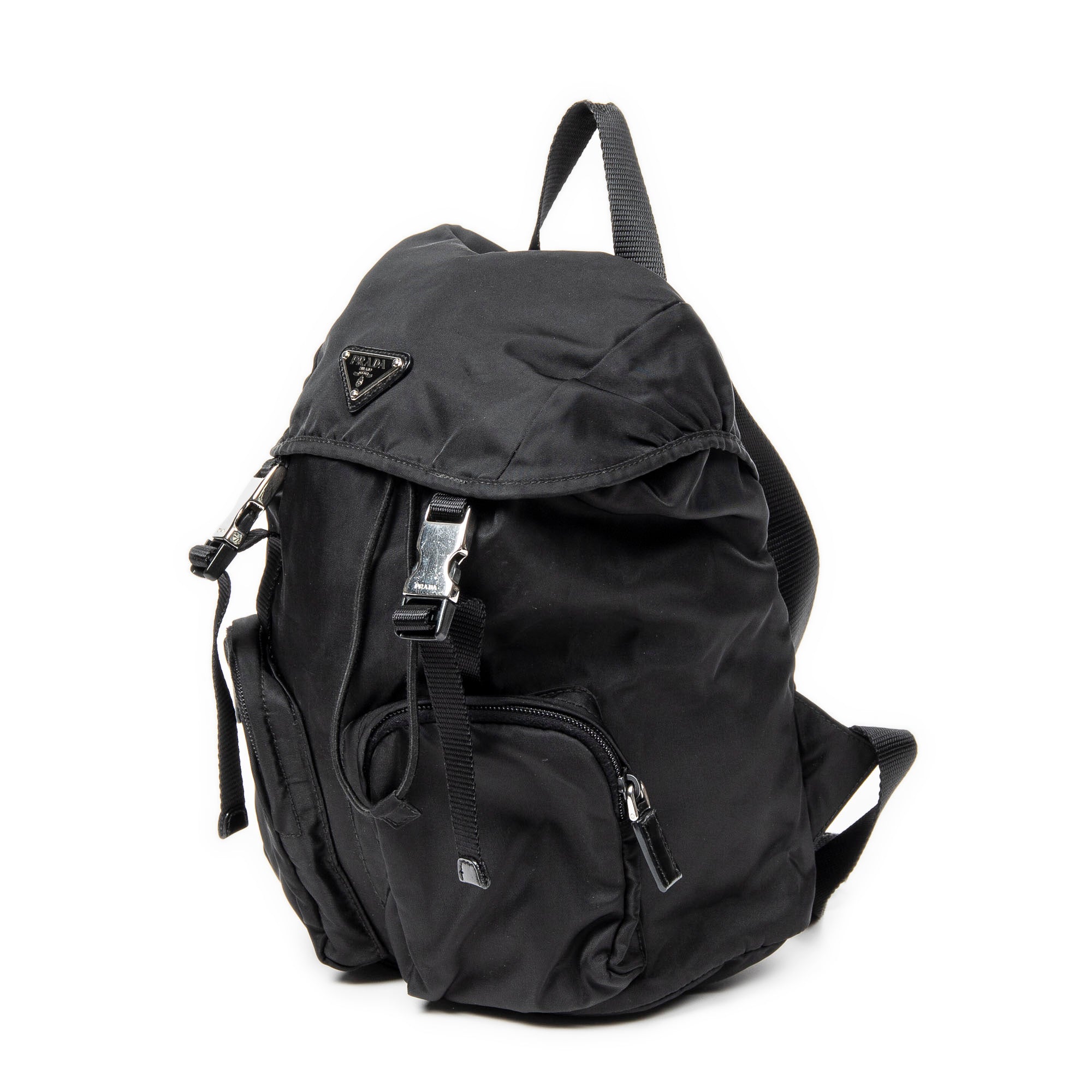 Backpack Small Drawstring Flap Backpack Black Nylon Canvas