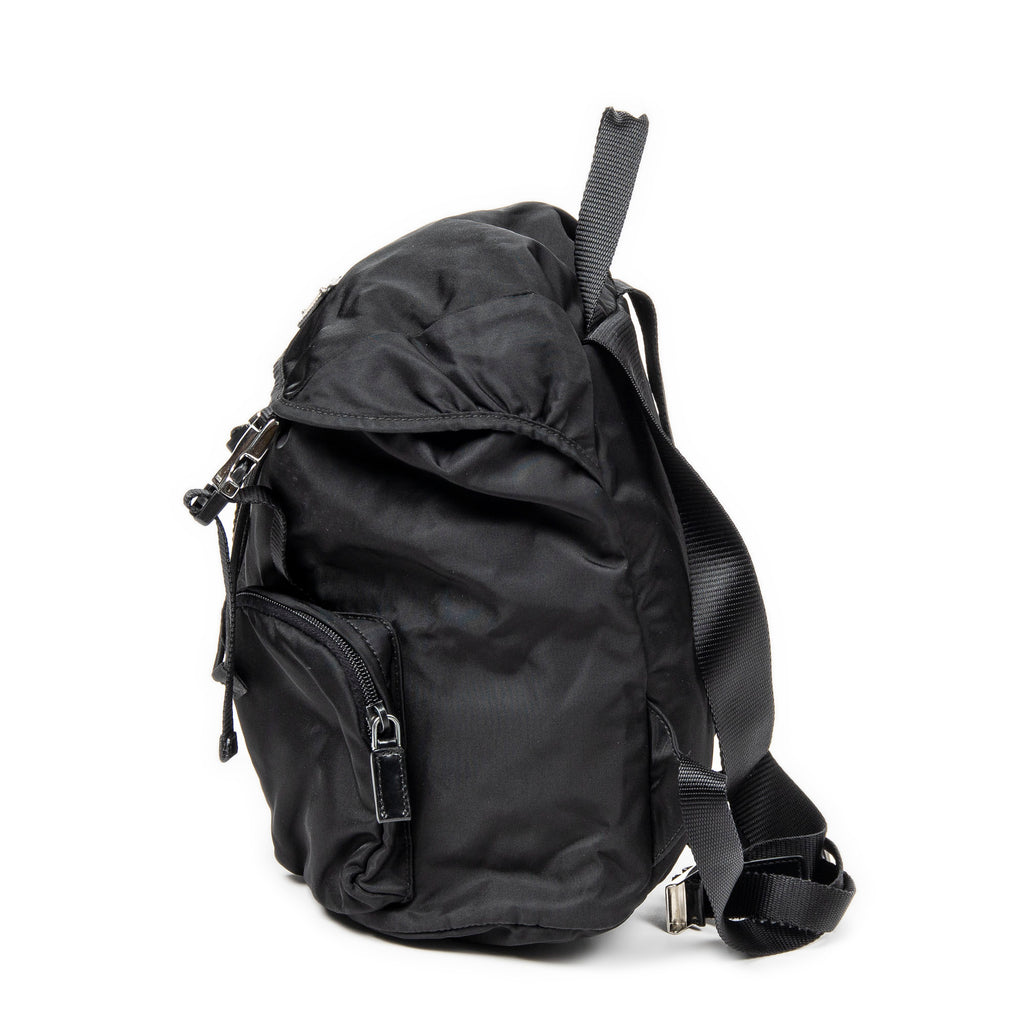 Backpack Small Drawstring Flap Backpack Black Nylon Canvas