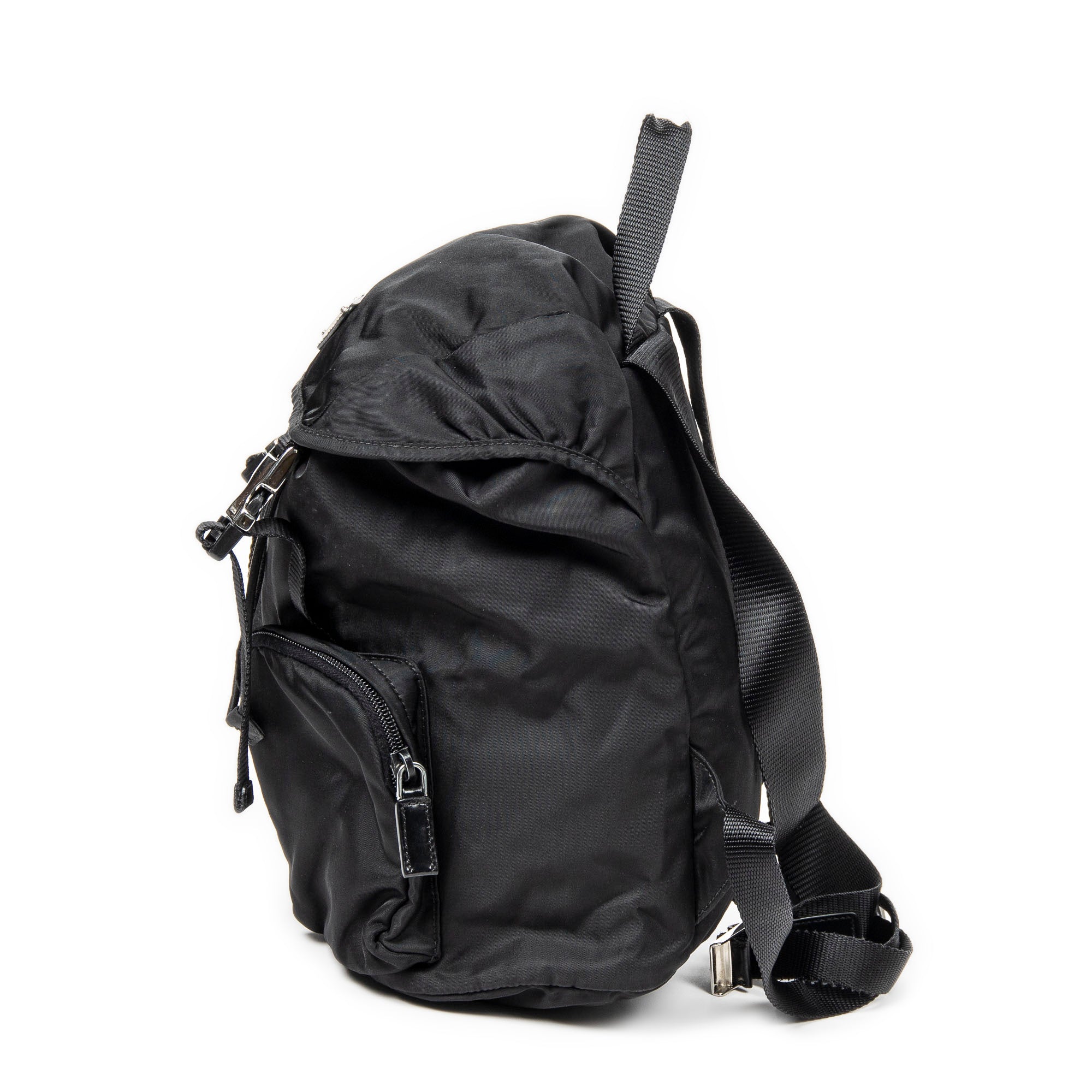 Backpack Small Drawstring Flap Backpack Black Nylon Canvas