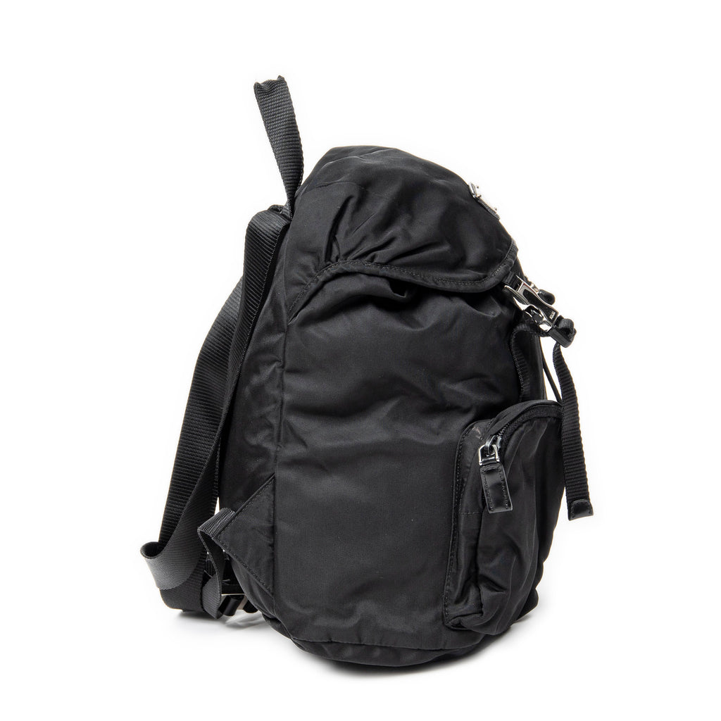 Backpack Small Drawstring Flap Backpack Black Nylon Canvas