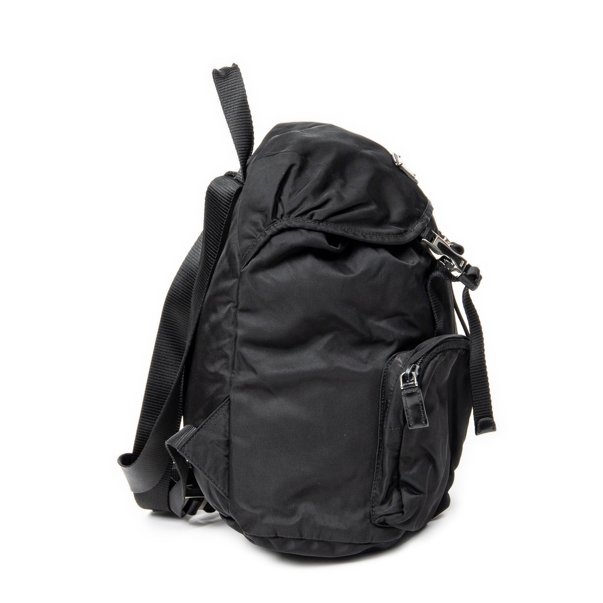 Backpack Small Drawstring Flap Backpack Black Nylon Canvas
