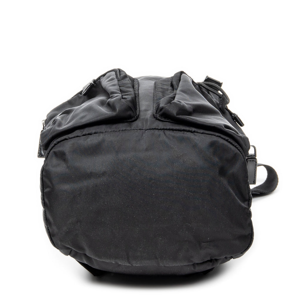 Backpack Small Drawstring Flap Backpack Black Nylon Canvas