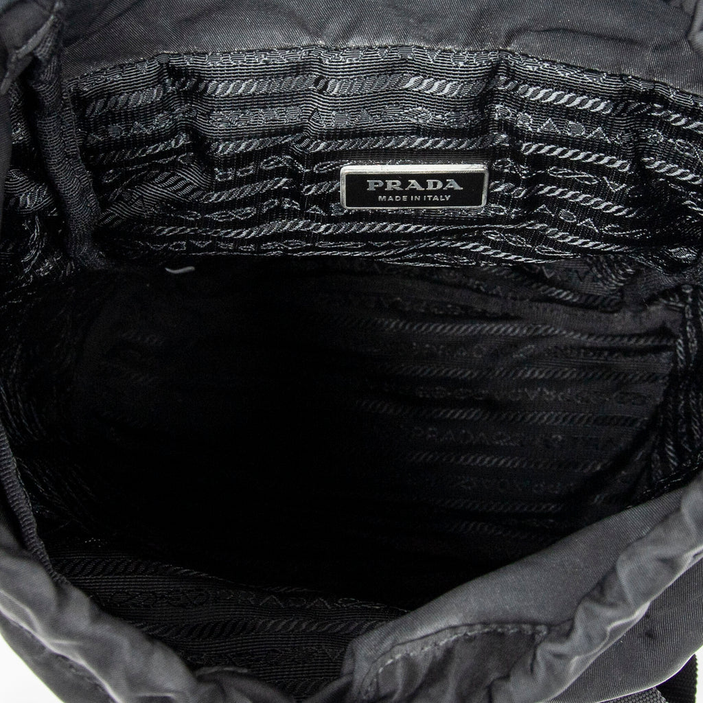 Backpack Small Drawstring Flap Backpack Black Nylon Canvas