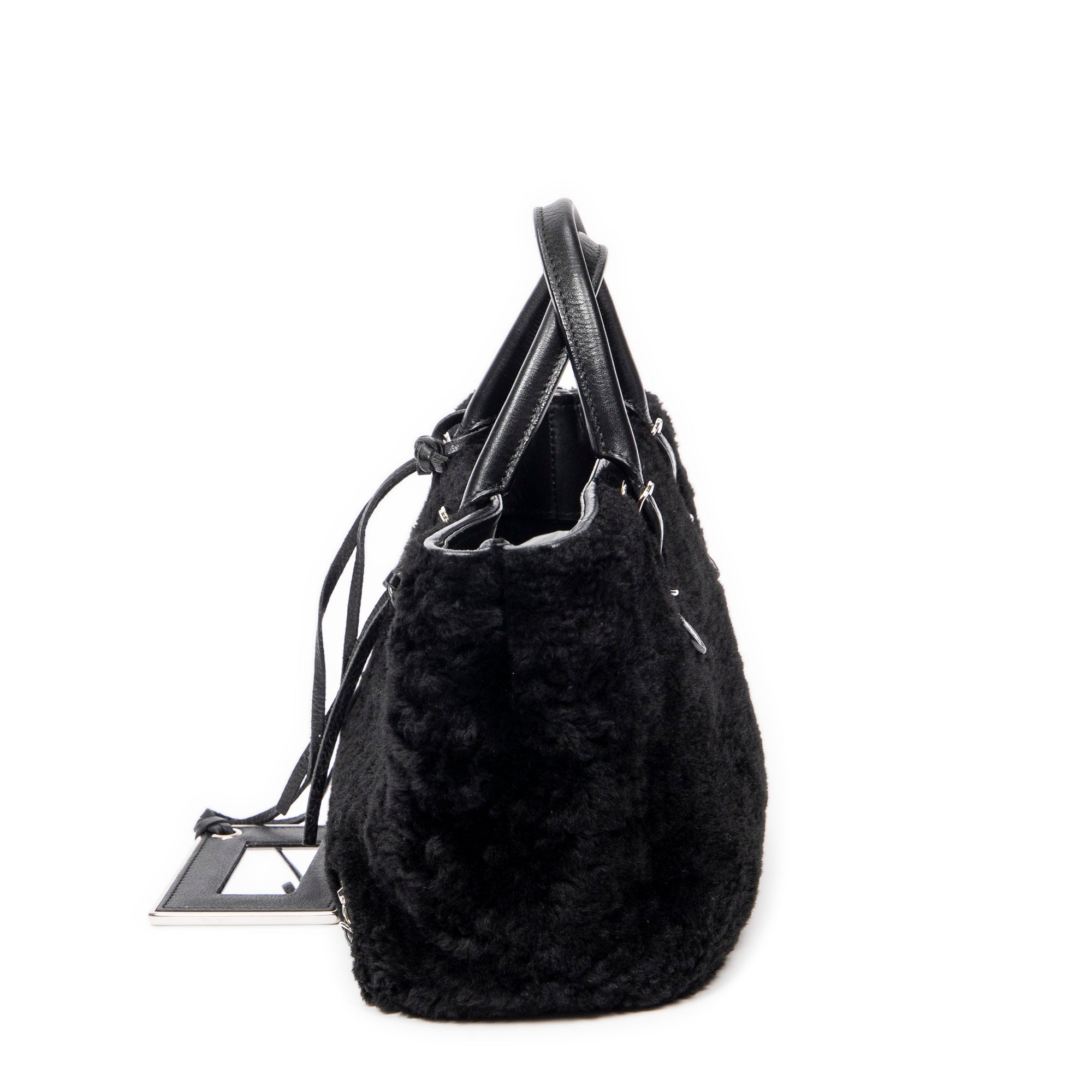 Shoulder Bag Mini Papier A4 Tote Black Rabbit Fur Canvas