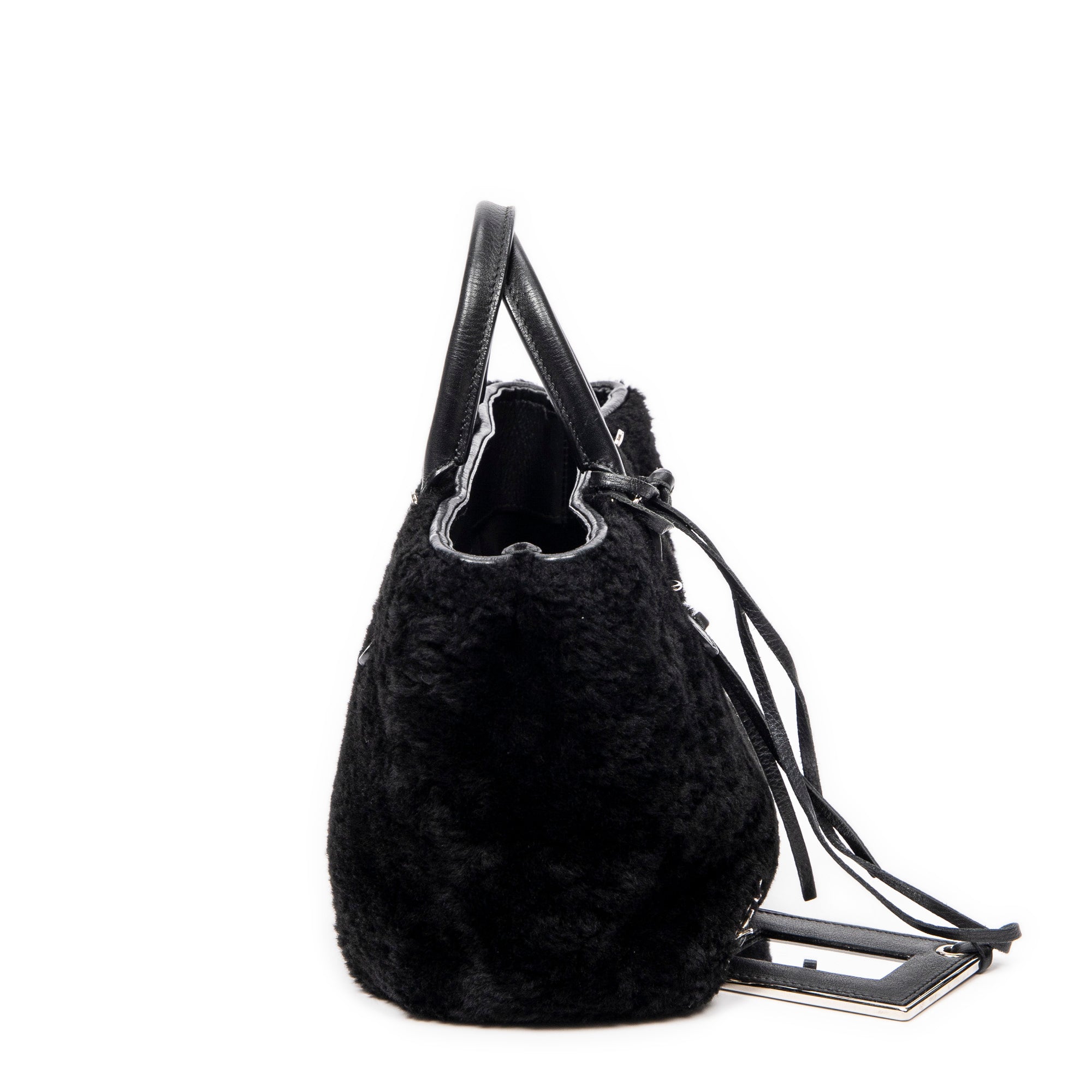 Shoulder Bag Mini Papier A4 Tote Black Rabbit Fur Canvas