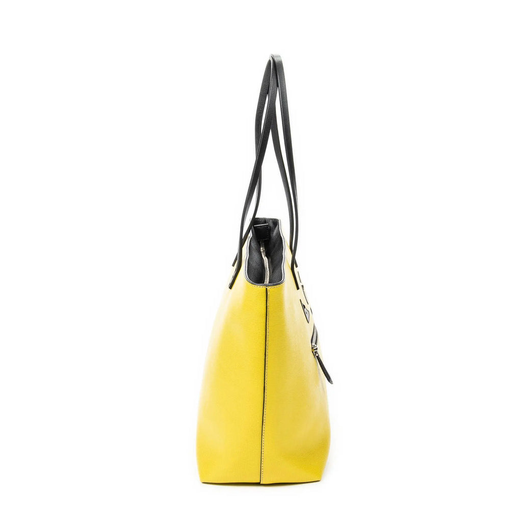 Bolso de hombro con ojos de monstruo, cremallera enrollable, piel texturizada amarilla