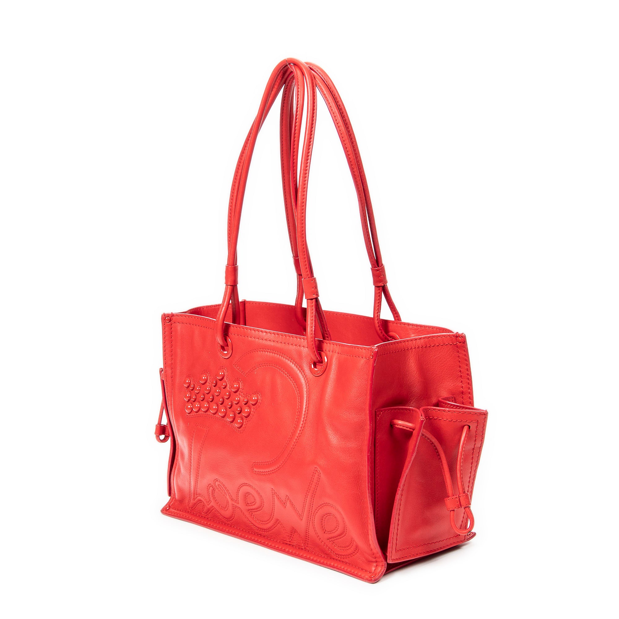 Shoulder Bag Studded Crown Shopper Tote Red Calfskin Leather