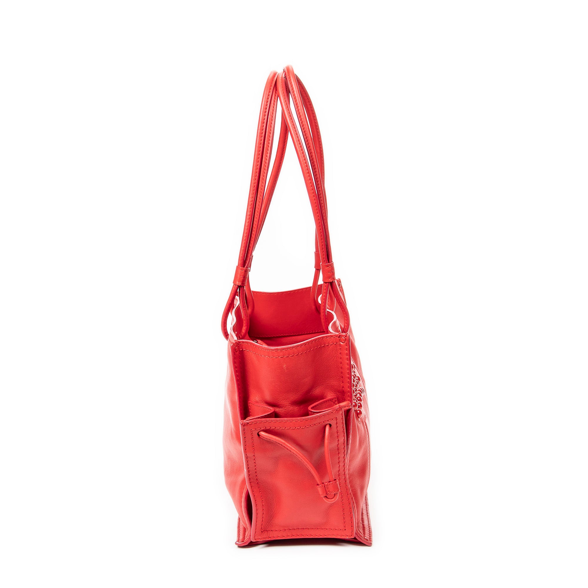 Shoulder Bag Studded Crown Shopper Tote Red Calfskin Leather