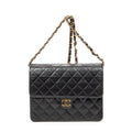 Shoulder Bag Vintage Push Lock Straight Flap Black Quilted Lambskin Leather