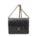 Shoulder Bag Vintage Push Lock Straight Flap Black Quilted Lambskin Leather