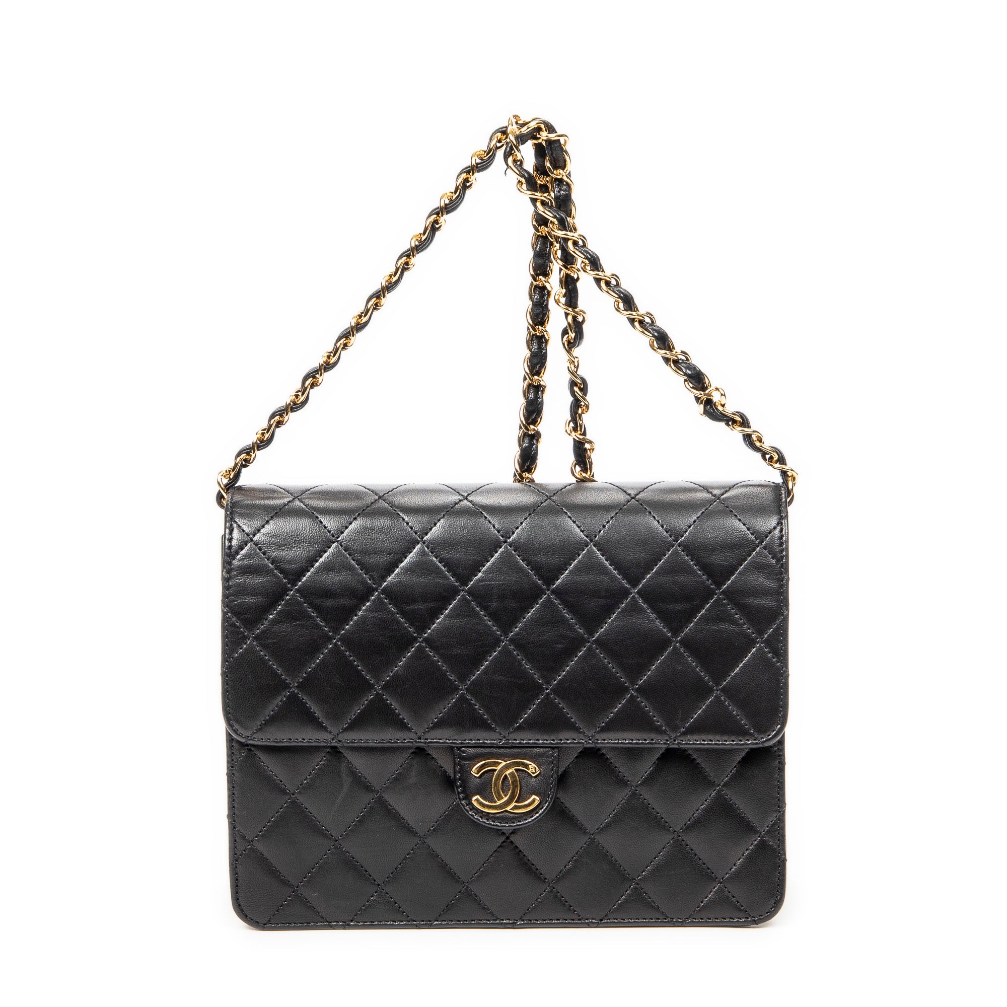 Shoulder Bag Vintage Push Lock Straight Flap Black Quilted Lambskin Leather