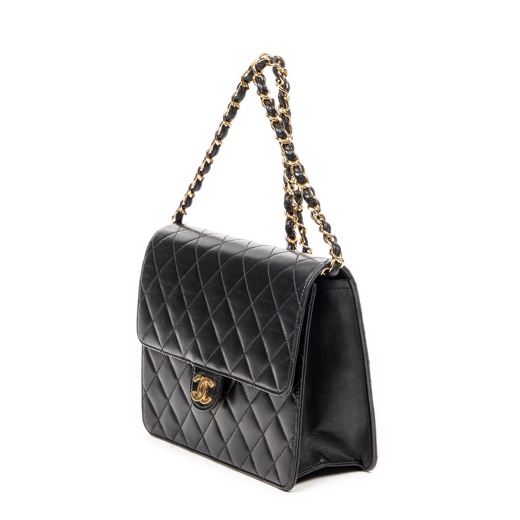 Shoulder Bag Vintage Push Lock Straight Flap Black Quilted Lambskin Leather