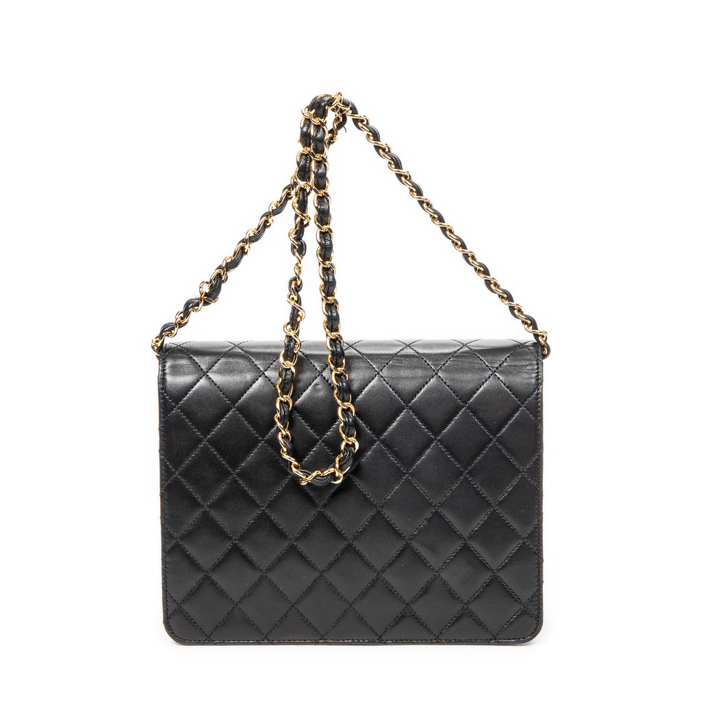 Shoulder Bag Vintage Push Lock Straight Flap Black Quilted Lambskin Leather