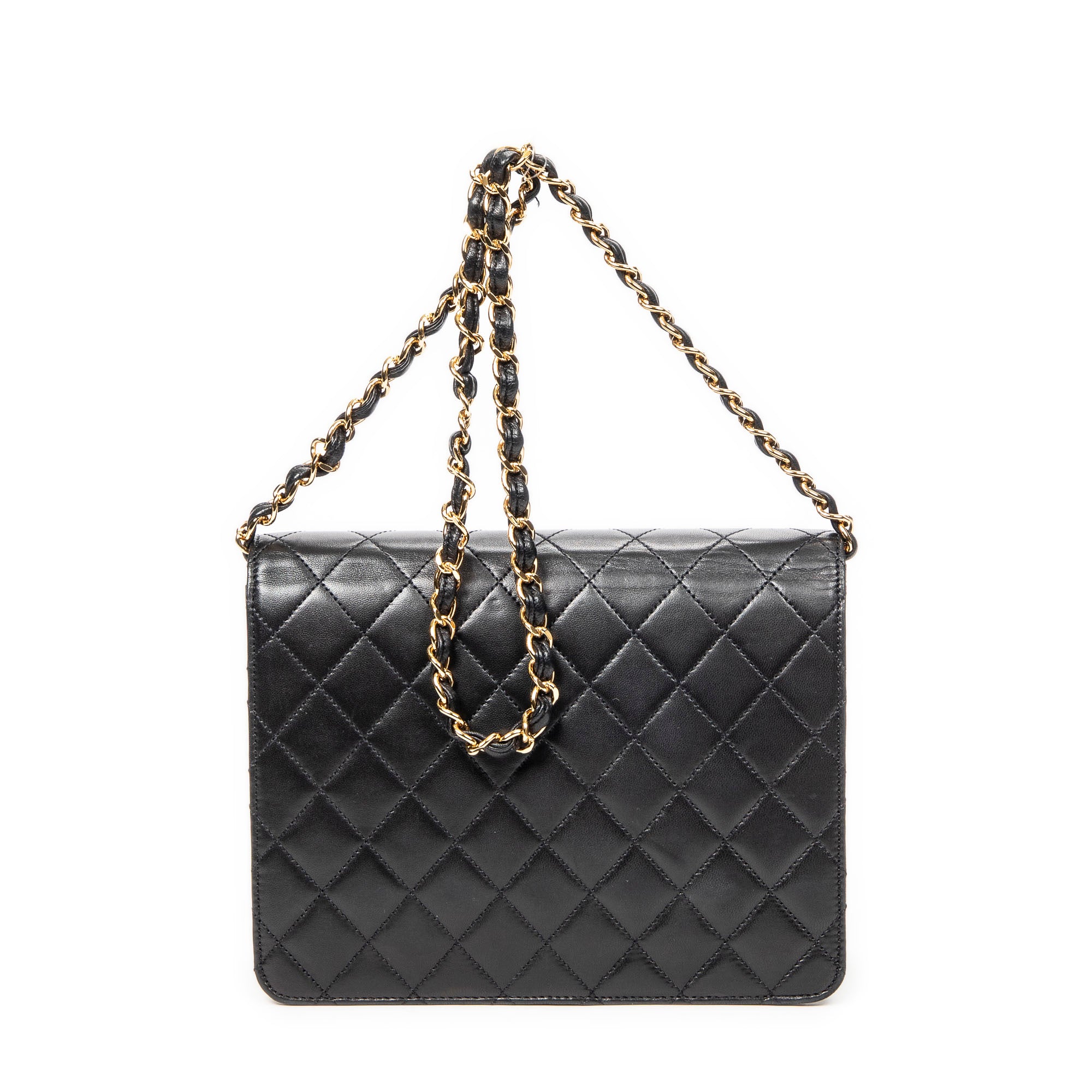 Shoulder Bag Vintage Push Lock Straight Flap Black Quilted Lambskin Leather
