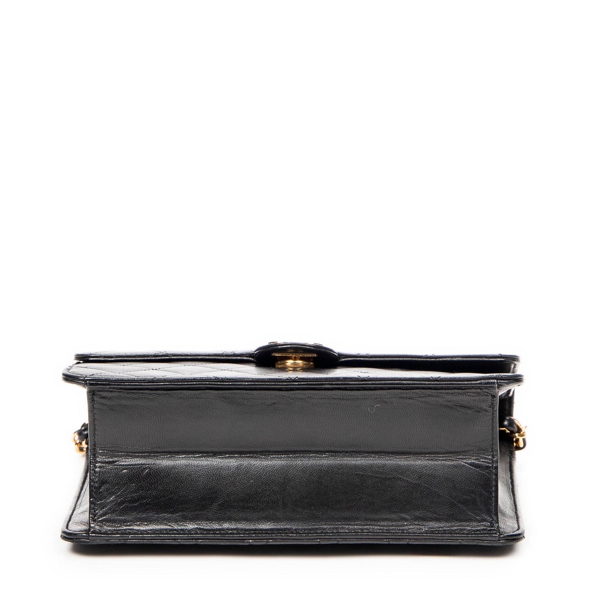 Shoulder Bag Vintage Push Lock Straight Flap Black Quilted Lambskin Leather
