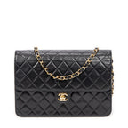 Shoulder Bag Vintage Push Lock Straight Flap Black Quilted Lambskin Leather