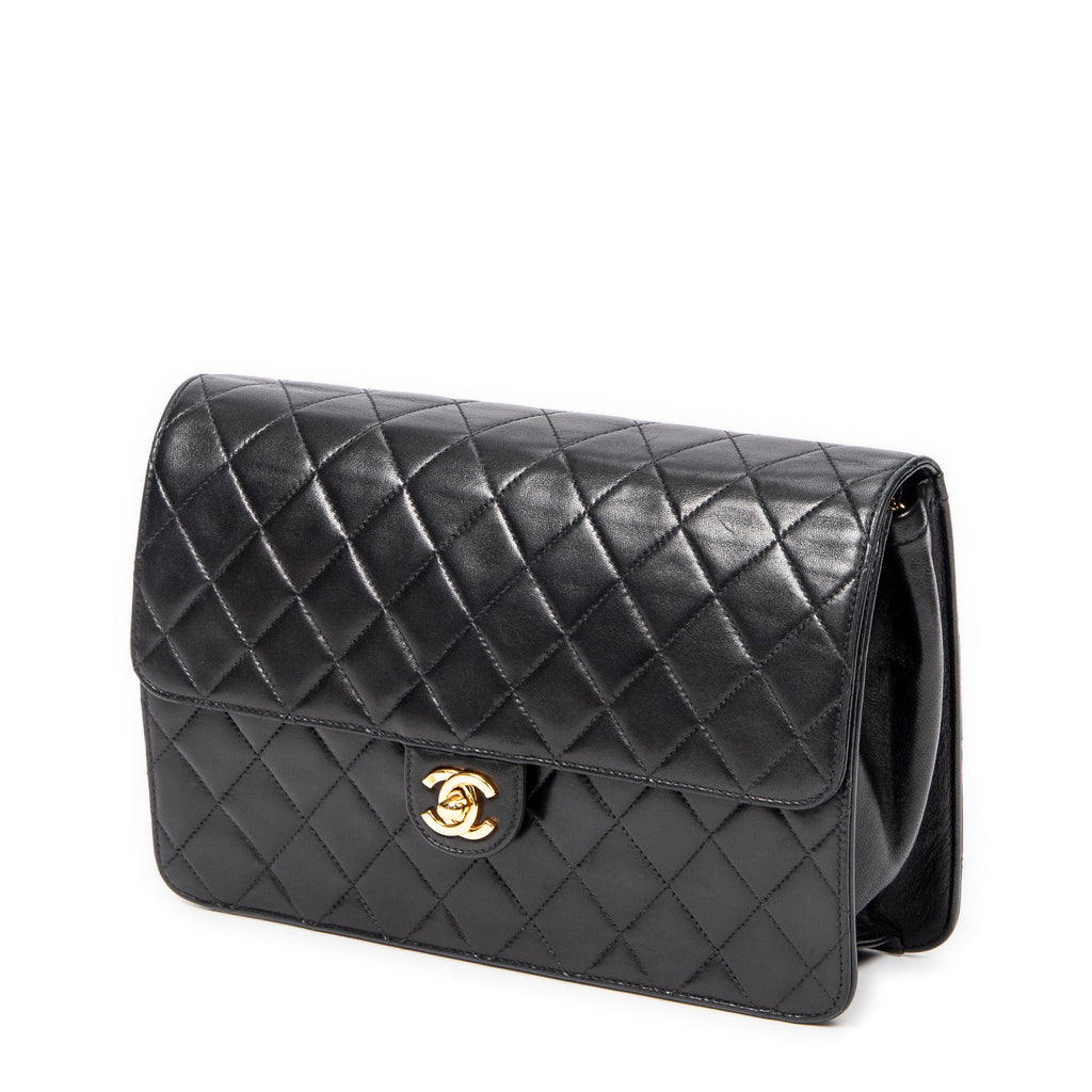 Shoulder Bag Vintage Push Lock Straight Flap Black Quilted Lambskin Leather