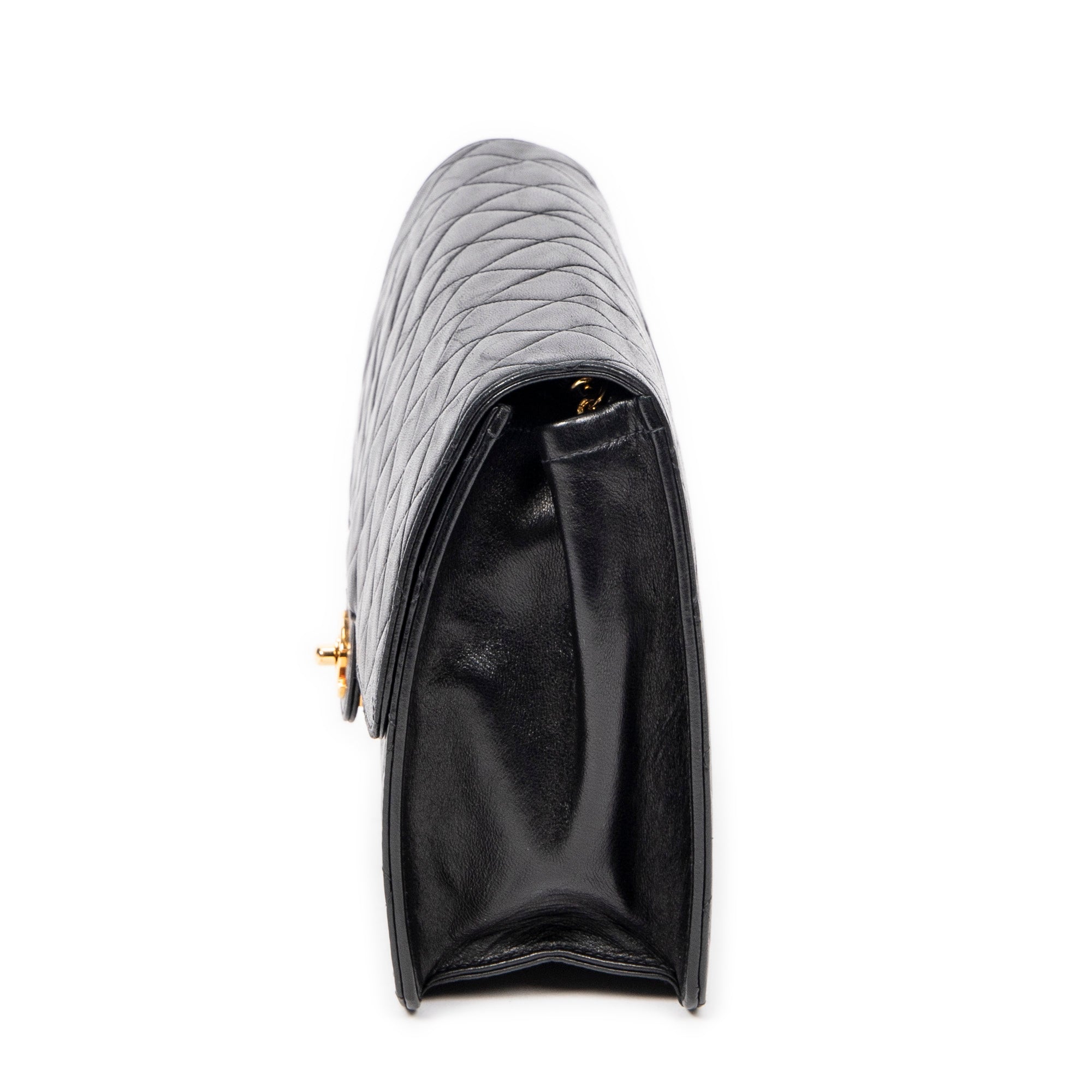 Shoulder Bag Vintage Push Lock Straight Flap Black Quilted Lambskin Leather