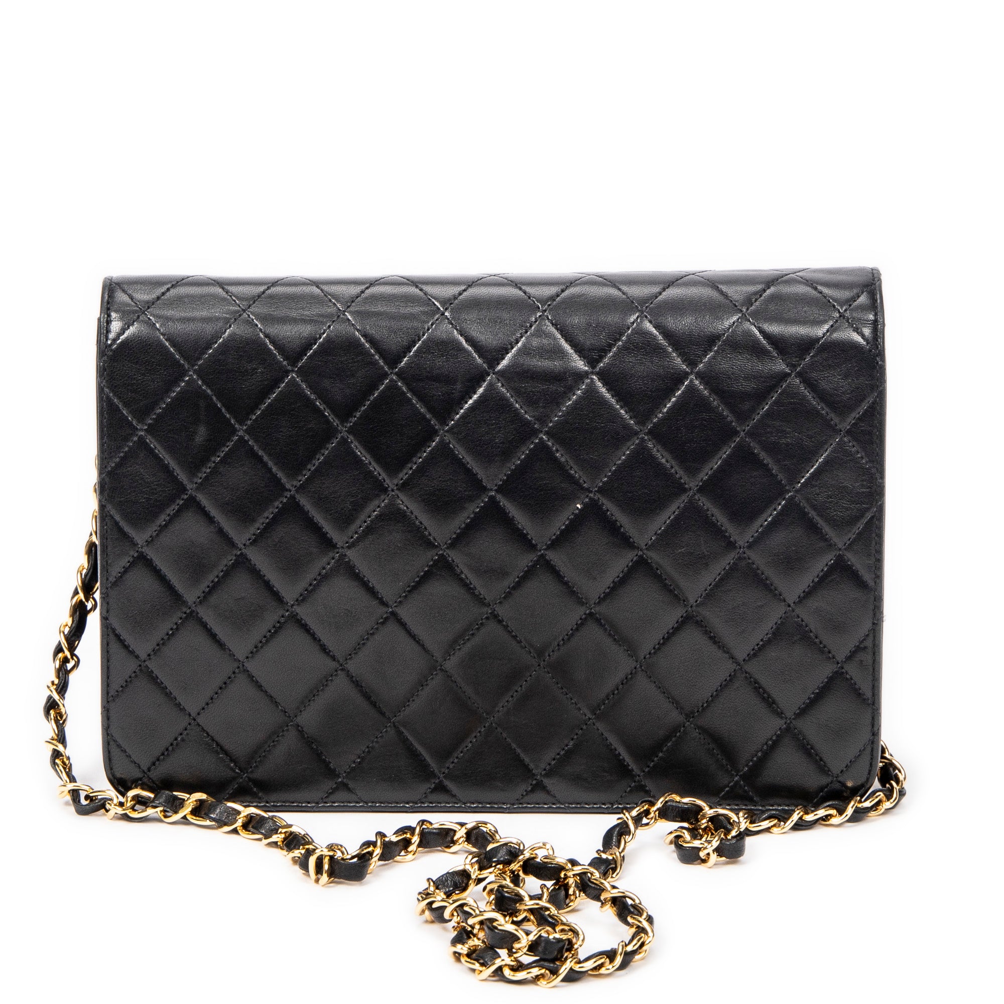 Shoulder Bag Vintage Push Lock Straight Flap Black Quilted Lambskin Leather