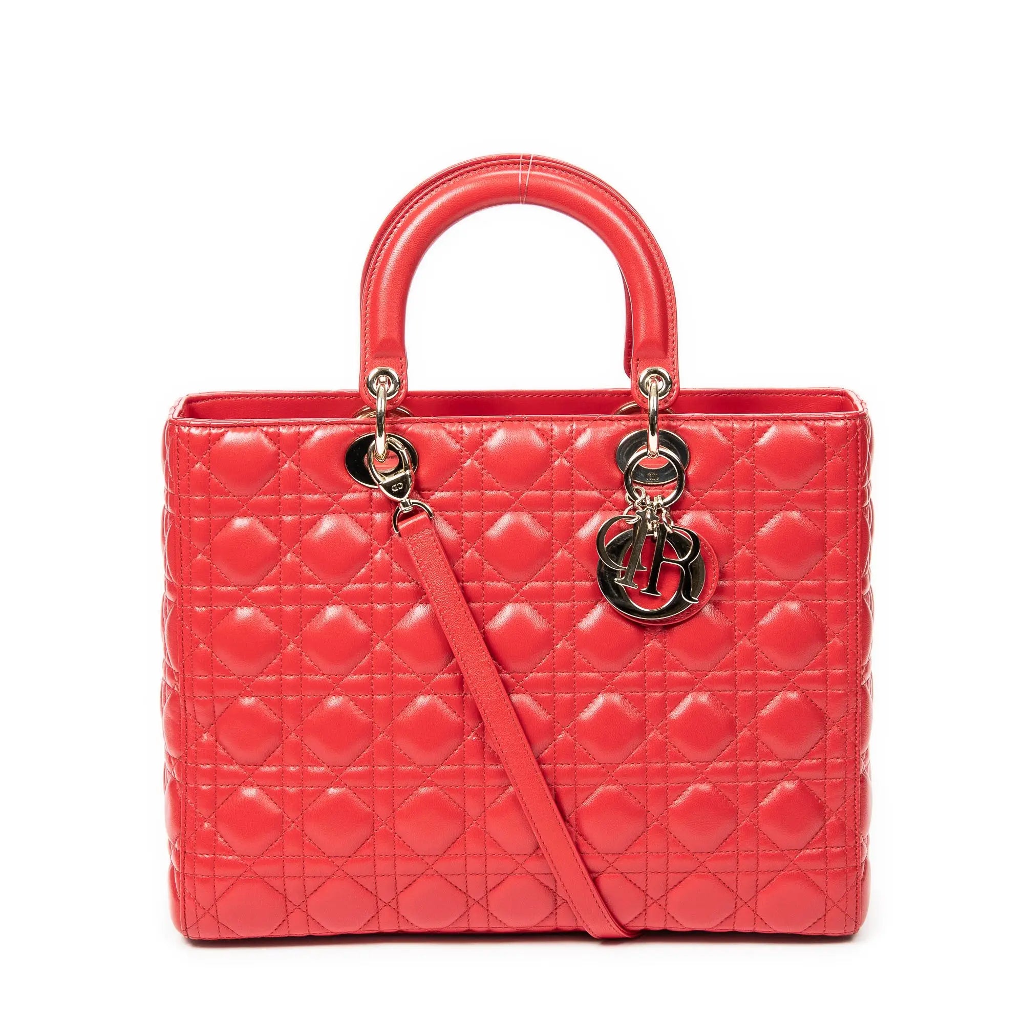 Bolso de hombro grande Lady Dior Zip de piel de cordero Cannage roja