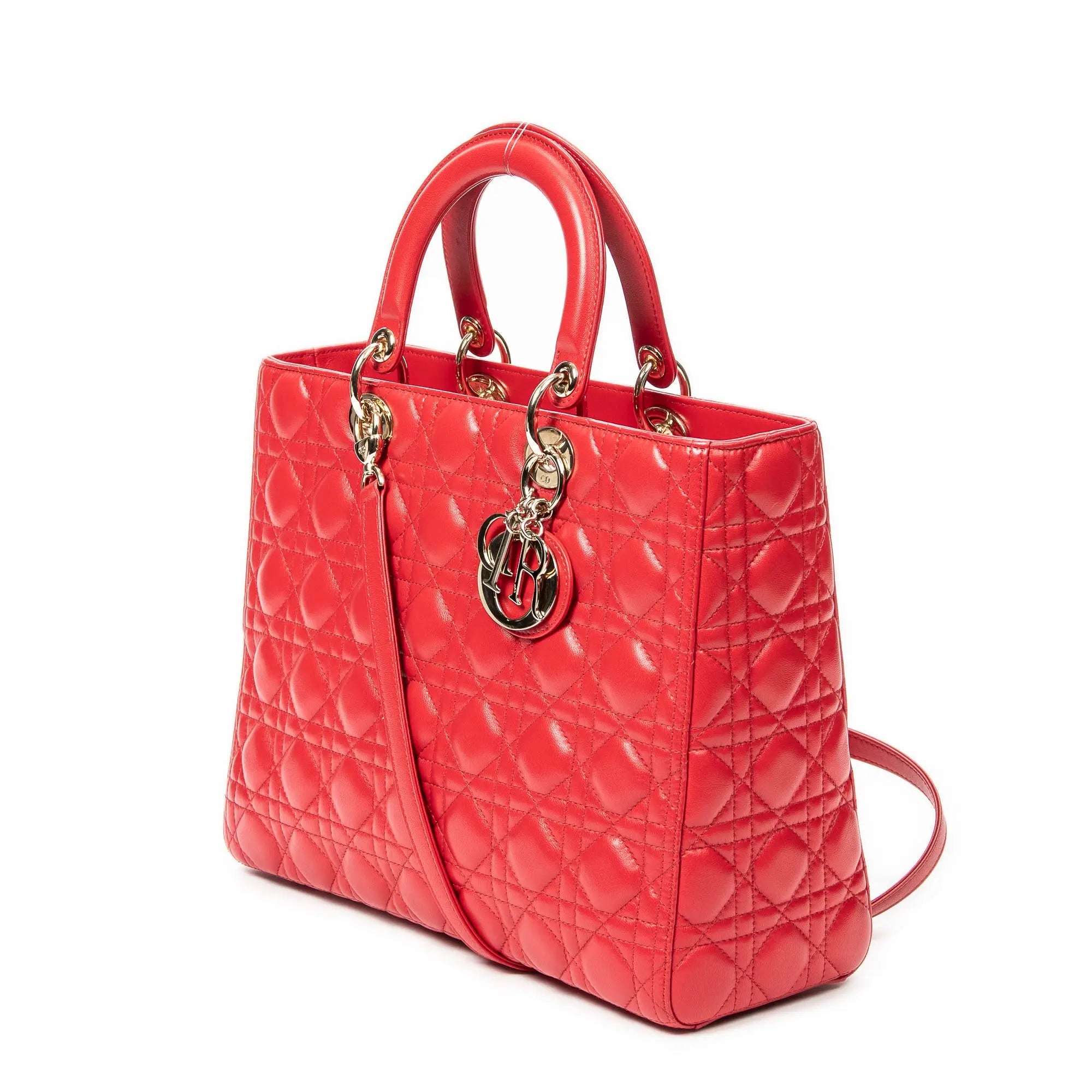 Bolso de hombro grande Lady Dior Zip de piel de cordero Cannage roja
