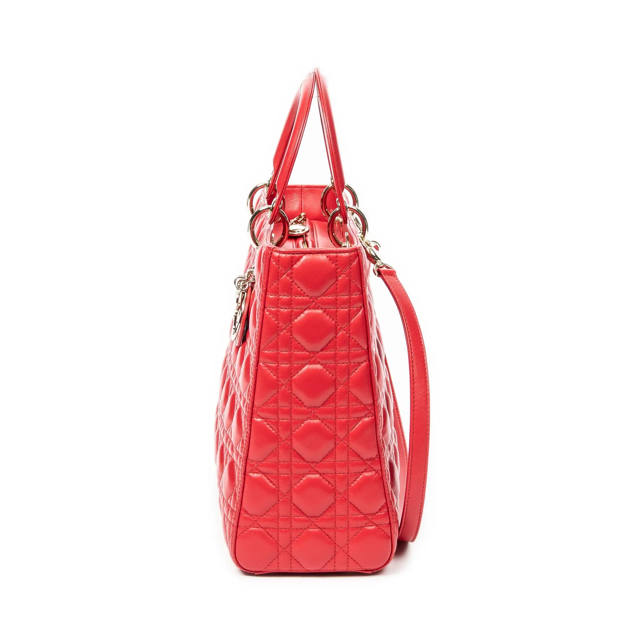 Bolso de hombro grande Lady Dior Zip de piel de cordero Cannage roja