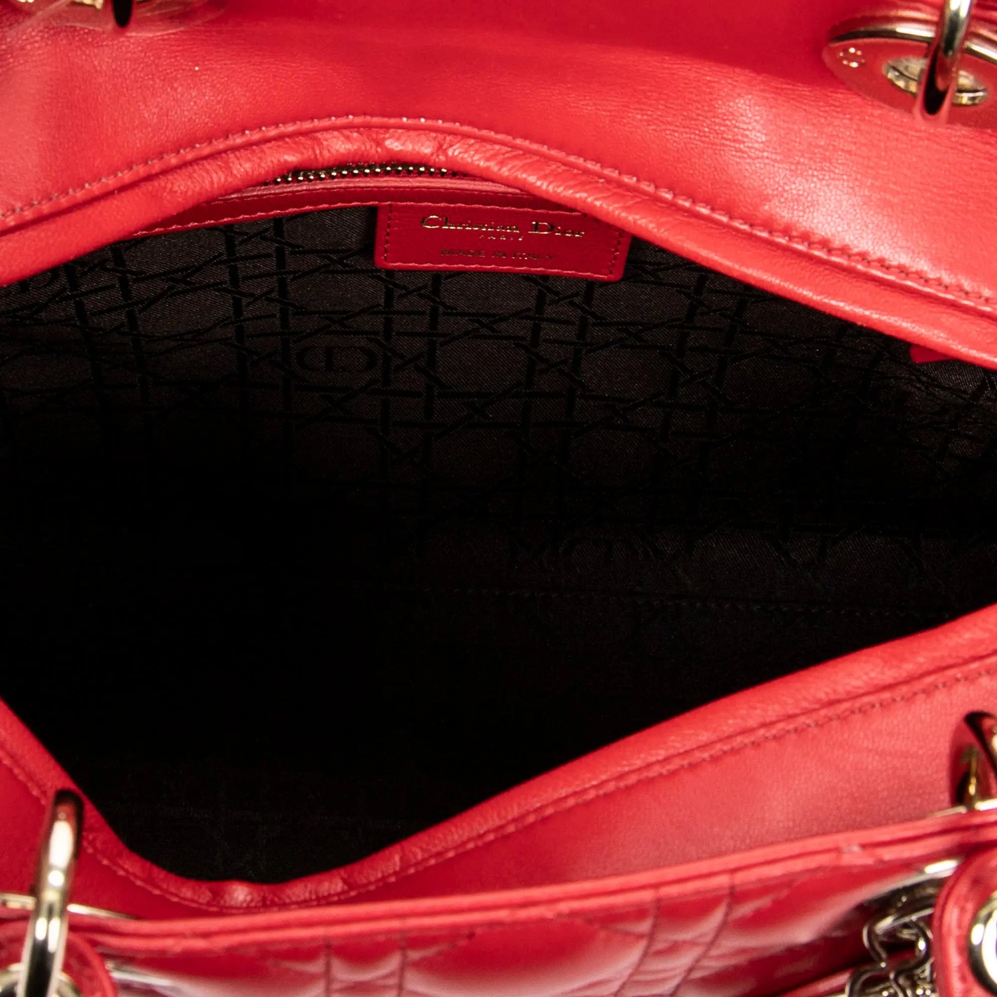 Bolso de hombro grande Lady Dior Zip de piel de cordero Cannage roja