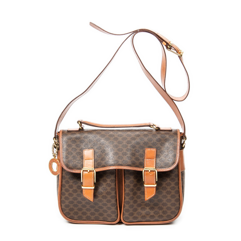 Shoulder Bag Buckle Flap Satchel Brown Macadam Coated Canvas