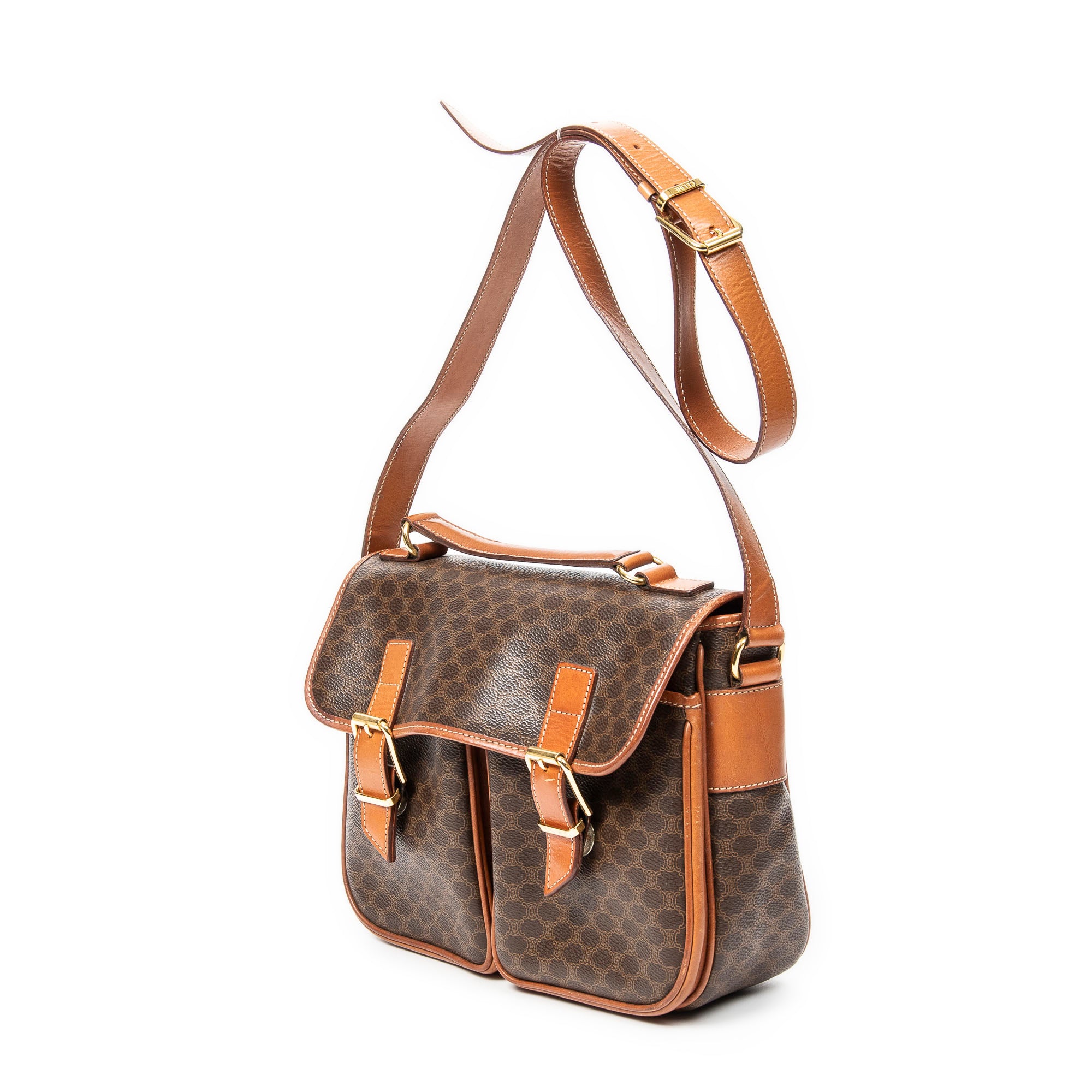 Shoulder Bag Buckle Flap Satchel Brown Macadam Coated Canvas