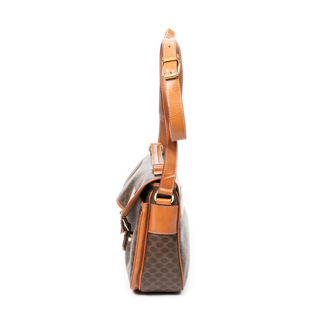 Shoulder Bag Buckle Flap Satchel Brown Macadam Coated Canvas