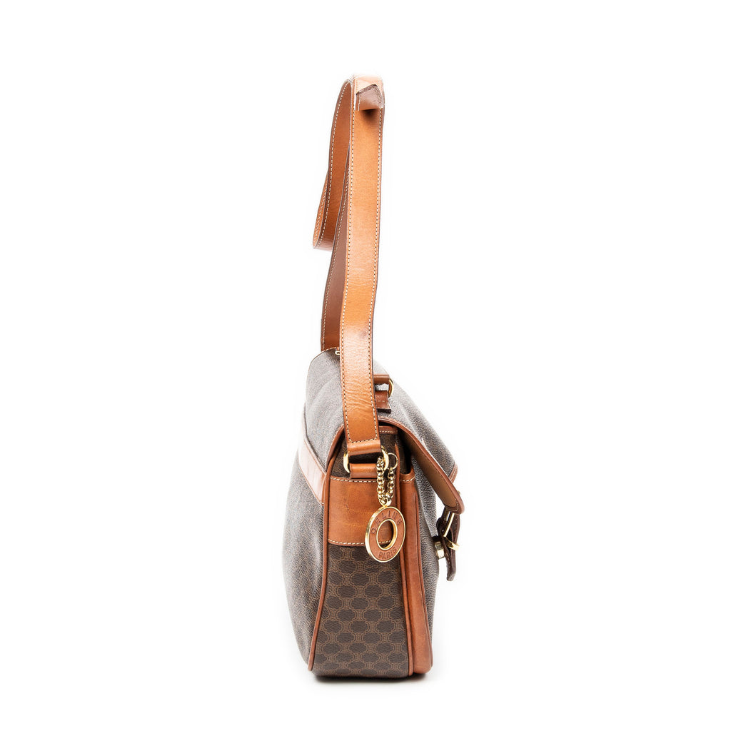 Shoulder Bag Buckle Flap Satchel Brown Macadam Coated Canvas