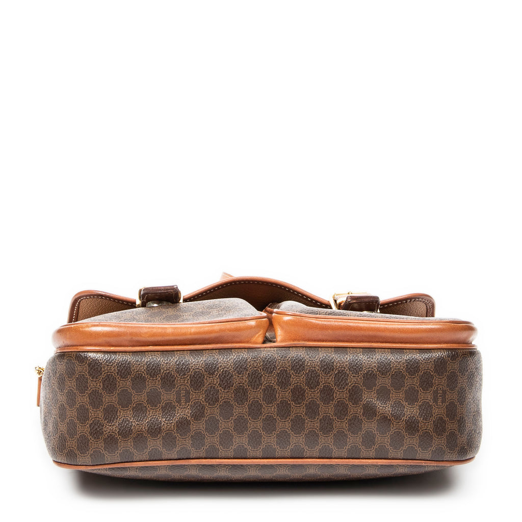 Shoulder Bag Buckle Flap Satchel Brown Macadam Coated Canvas
