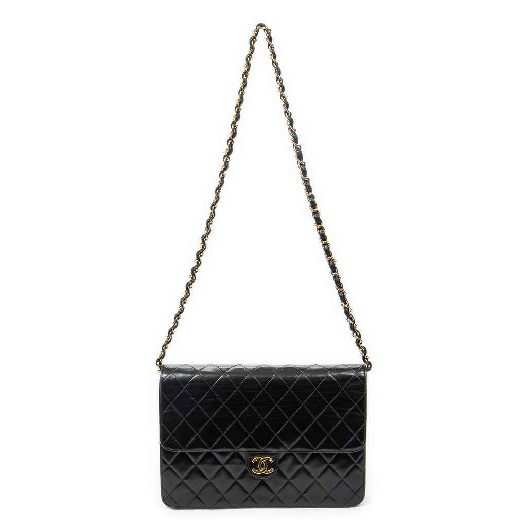 Shoulder Bag Vintage Push Lock Straight Flap Black Quilted Lambskin Leather