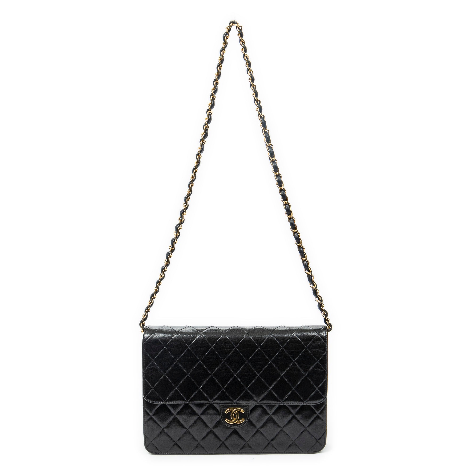 Shoulder Bag Vintage Push Lock Straight Flap Black Quilted Lambskin Leather