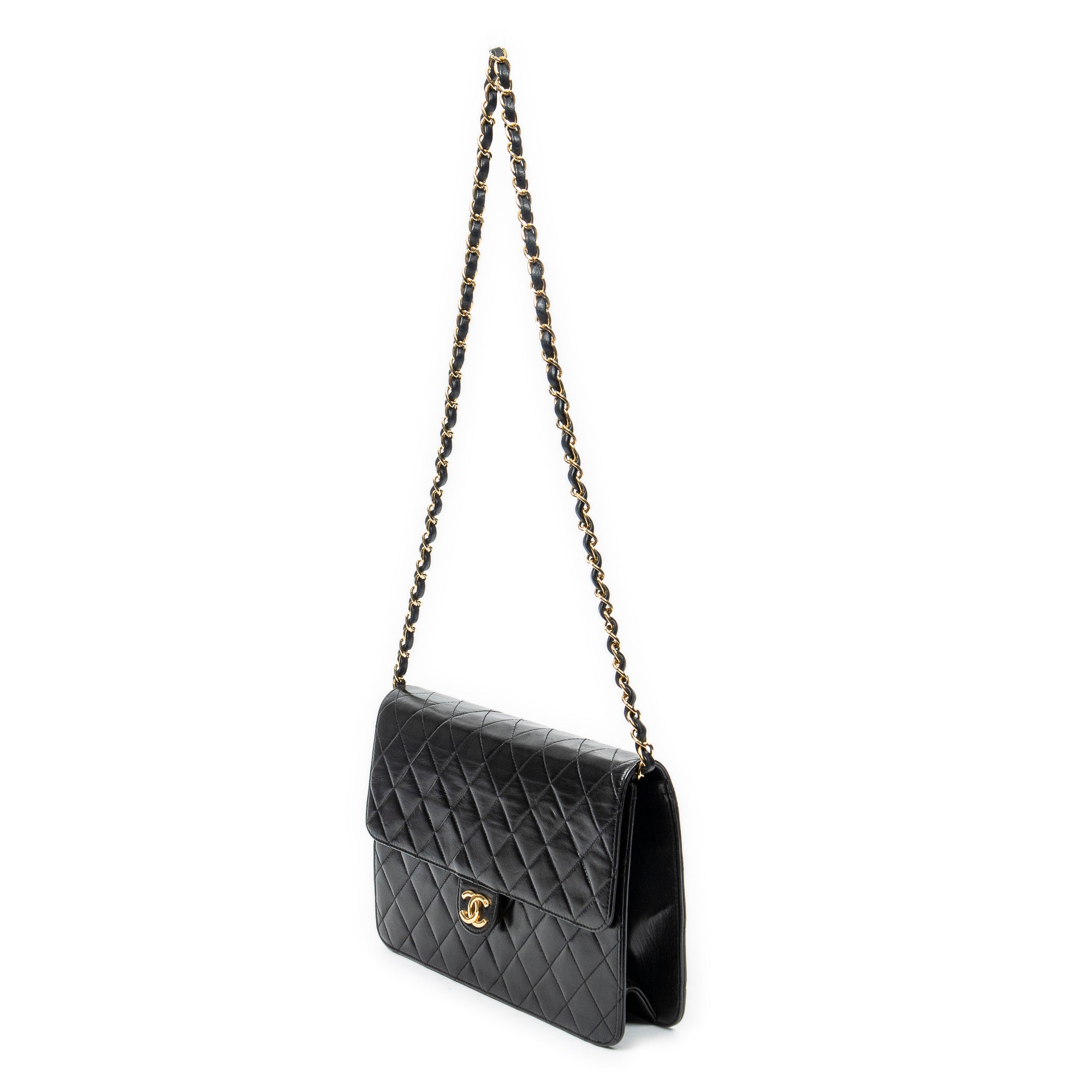 Shoulder Bag Vintage Push Lock Straight Flap Black Quilted Lambskin Leather