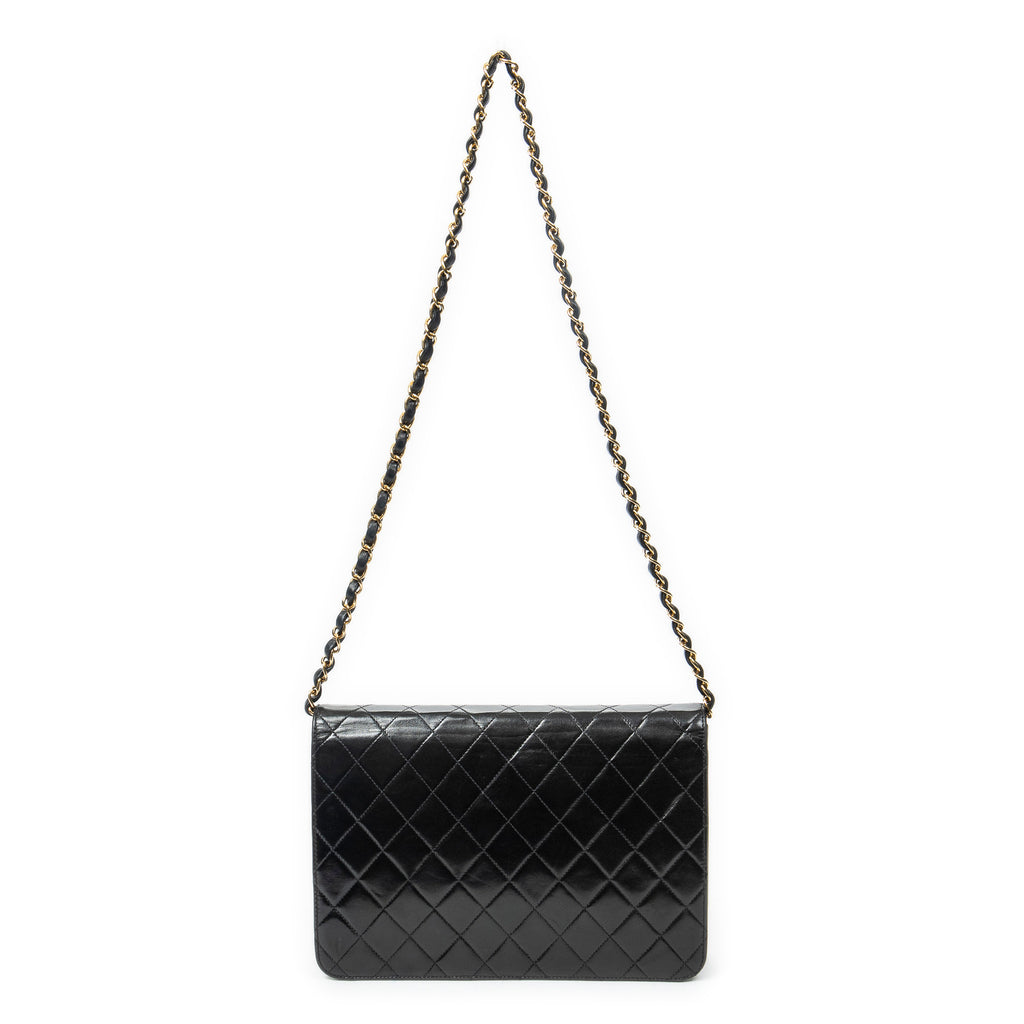 Shoulder Bag Vintage Push Lock Straight Flap Black Quilted Lambskin Leather