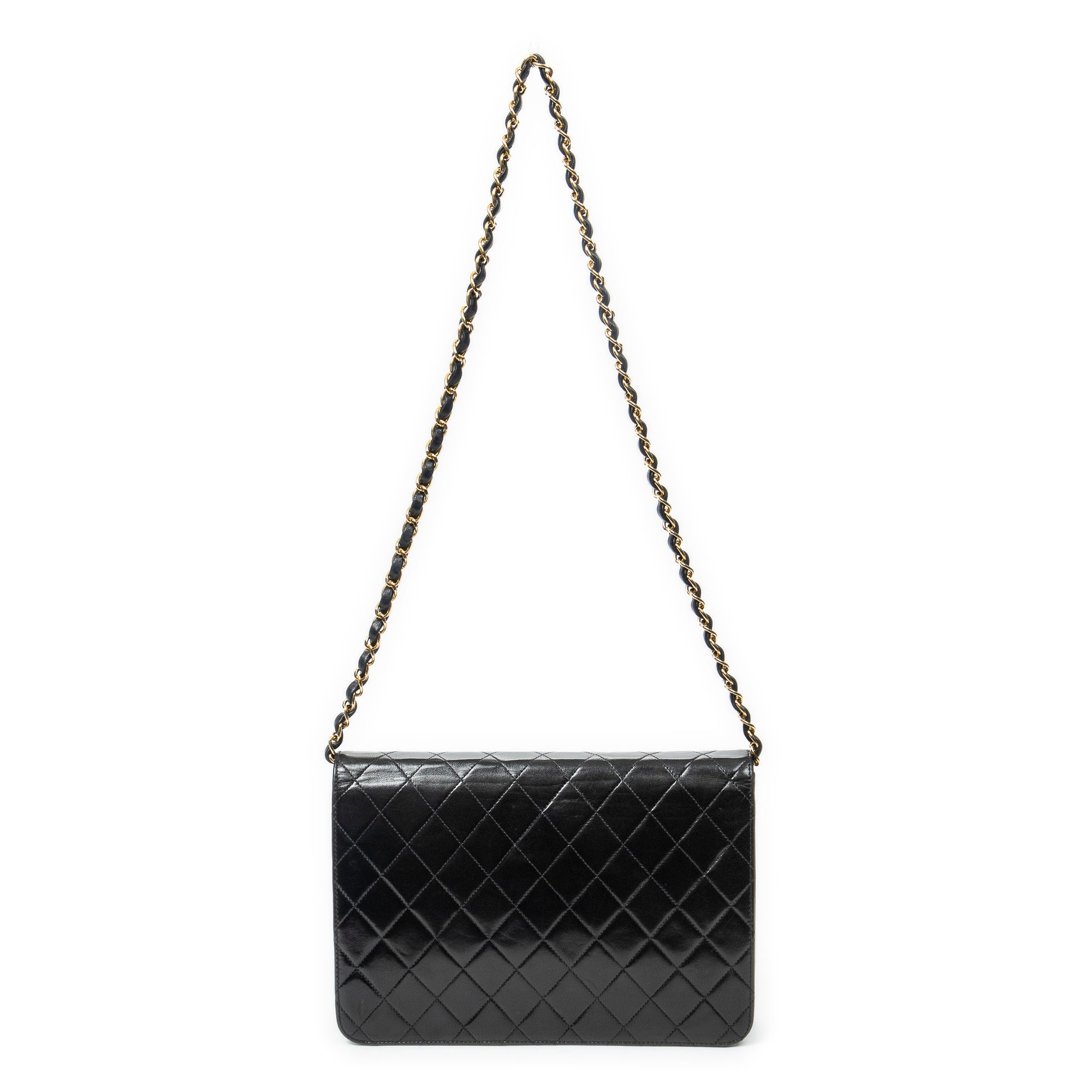 Shoulder Bag Vintage Push Lock Straight Flap Black Quilted Lambskin Leather