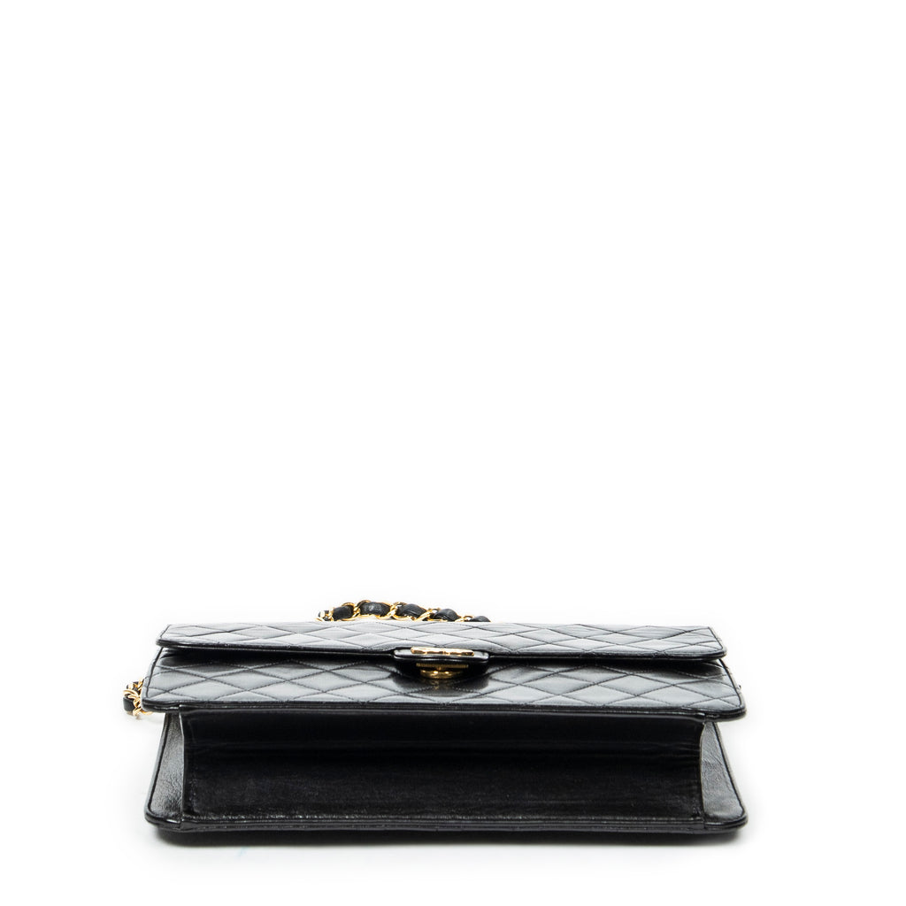 Shoulder Bag Vintage Push Lock Straight Flap Black Quilted Lambskin Leather