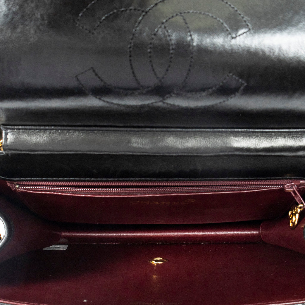 Shoulder Bag Vintage Push Lock Straight Flap Black Quilted Lambskin Leather