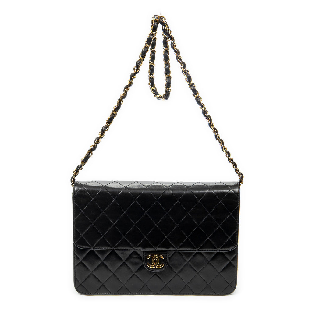 Shoulder Bag Vintage Push Lock Straight Flap Black Quilted Lambskin Leather