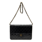 Shoulder Bag Vintage Push Lock Straight Flap Black Quilted Lambskin Leather