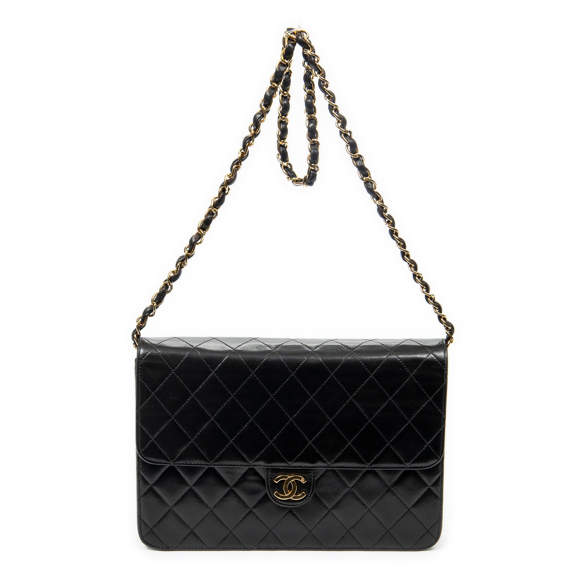 Shoulder Bag Vintage Push Lock Straight Flap Black Quilted Lambskin Leather