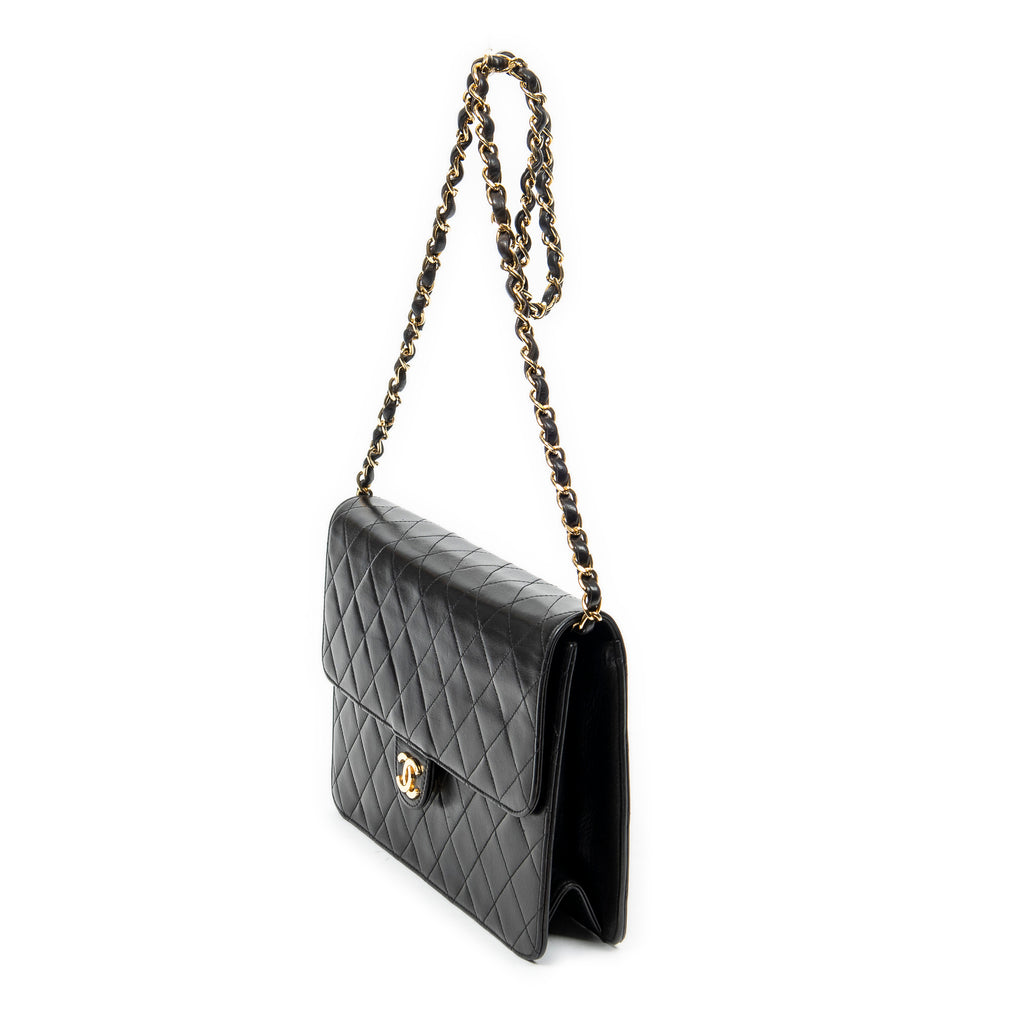 Shoulder Bag Vintage Push Lock Straight Flap Black Quilted Lambskin Leather