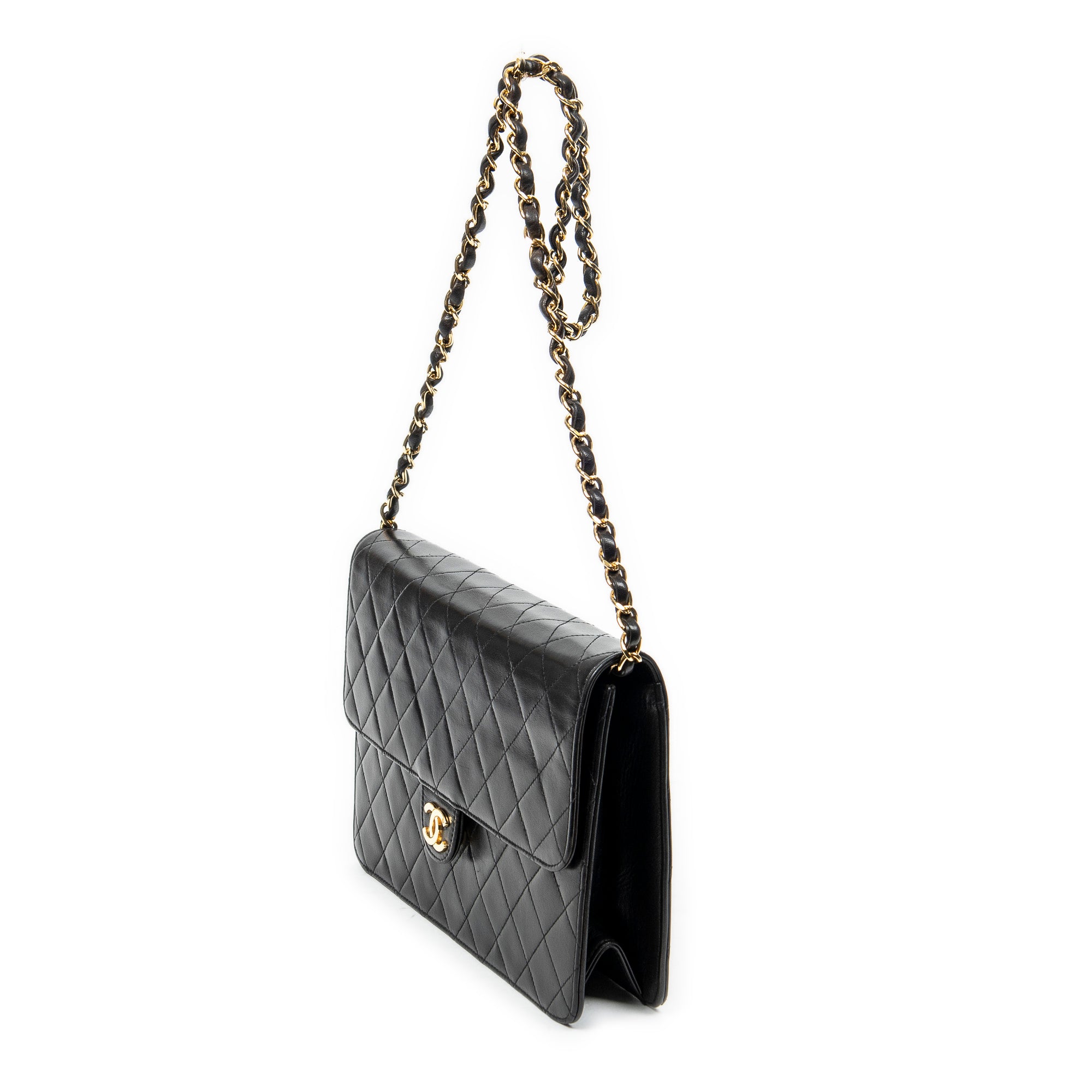 Shoulder Bag Vintage Push Lock Straight Flap Black Quilted Lambskin Leather